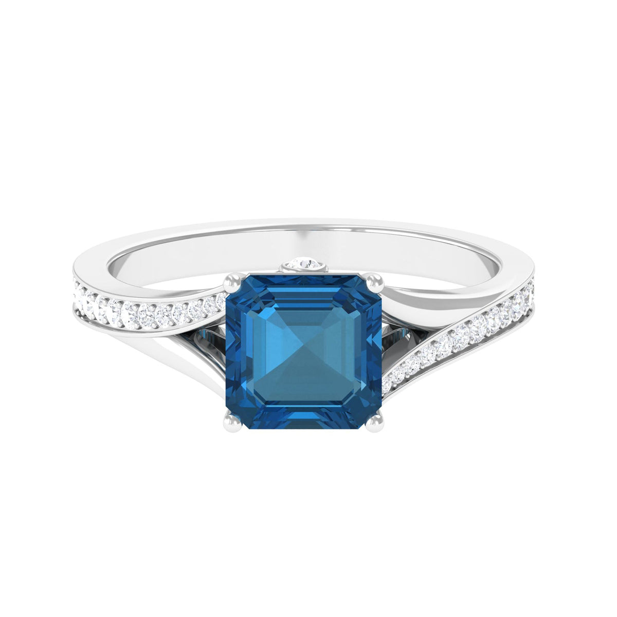 Asscher cut London Blue Topaz engagement ring with split shank design and diamond accents by Rosec Jewels.
