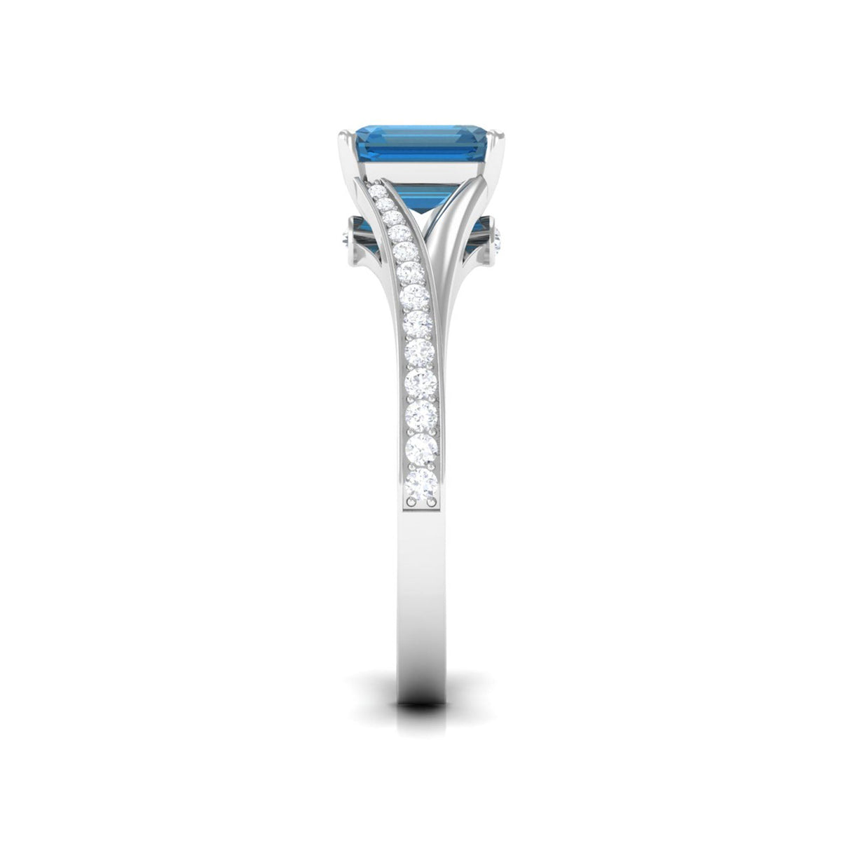 8mm Asscher cut London Blue Topaz engagement ring with split shank design and diamond accents by Rosec Jewels.