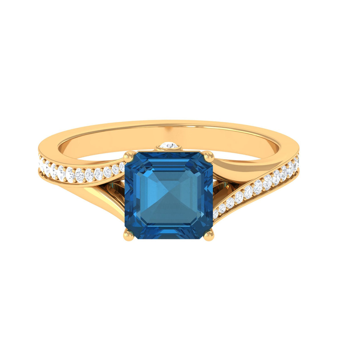 8mm Asscher cut London Blue Topaz engagement ring with diamond accents and split shank design by Rosec Jewels.