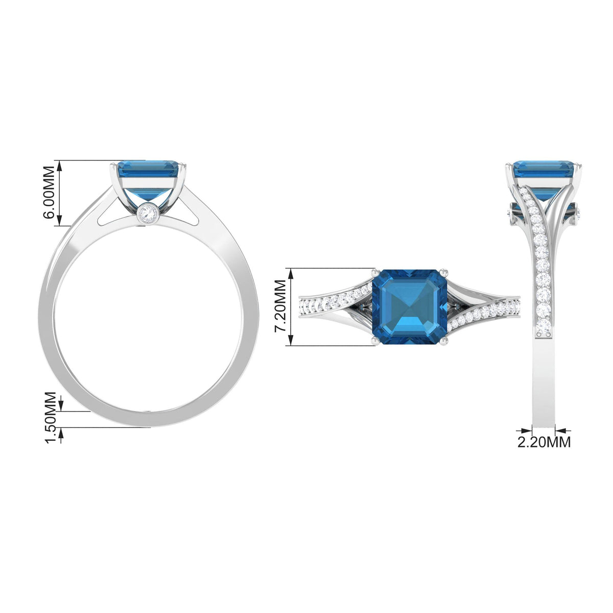8mm Asscher cut London Blue Topaz engagement ring with diamond accents and split shank design by Rosec Jewels.