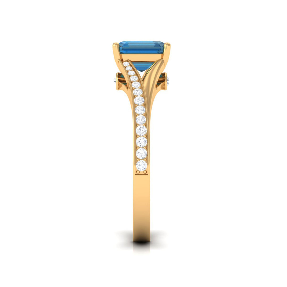 8mm Asscher cut London Blue Topaz engagement ring with split shank design and diamond accents by Rosec Jewels