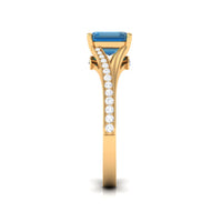 8mm Asscher cut London Blue Topaz engagement ring with split shank design and diamond accents by Rosec Jewels