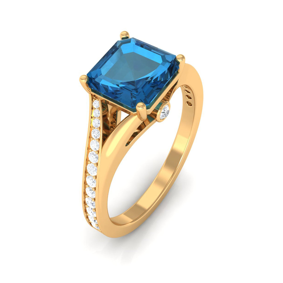 Asscher cut London Blue Topaz engagement ring with split shank design and diamond accents by Rosec Jewels