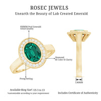 1.2 Carat Oval Lab Grown Emerald Bezel Set Engagement Ring With Diamond Halo
