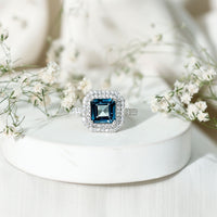 3 Carat Asscher Cut London Blue Topaz Engagement Ring with Double Halo