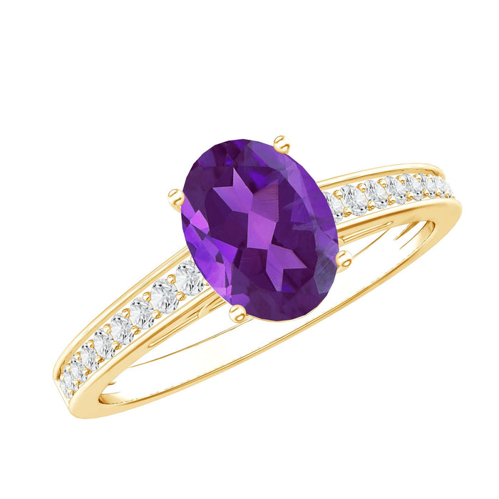 Oval 1 Carat Amethyst solitaire engagement ring with diamond accents by Rosec Jewels, showcasing the elegant gemstone setting.