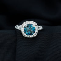 2.8 Carat Cushion Cut London Blue Topaz Vintage Inspired Ring with Diamond Halo