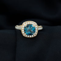2.8 Carat Cushion Cut London Blue Topaz Vintage Inspired Ring with Diamond Halo