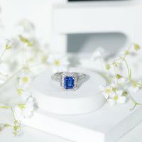 Certified 1.7 Carat Lab Grown Blue Sapphire Emerald Cut Engagement Ring with Diamond Halo