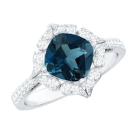 8mm Cushion Cut London Blue Topaz Nature Engagement Ring with Diamond Halo