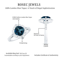 8mm Cushion Cut London Blue Topaz Nature Engagement Ring with Diamond Halo