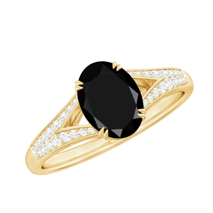 Oval lab-grown black and white diamond engagement ring with a split shank design by Rosec Jewels.