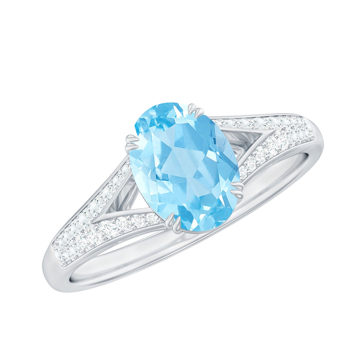 Genuine 1 Carat oval aquamarine engagement ring with diamond split shank by Rosec Jewels showing the detailed ring design.