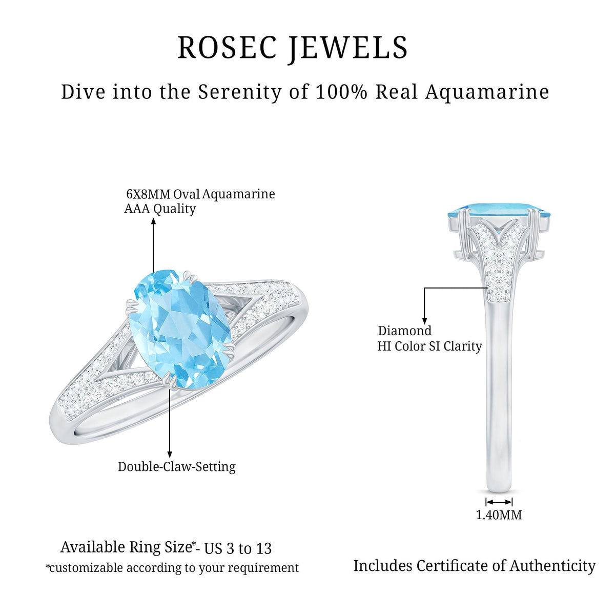 Genuine 1 Carat Oval Aquamarine engagement ring with diamond split shank by Rosec Jewels, featuring a bright blue oval gemstone and sparkling accents.