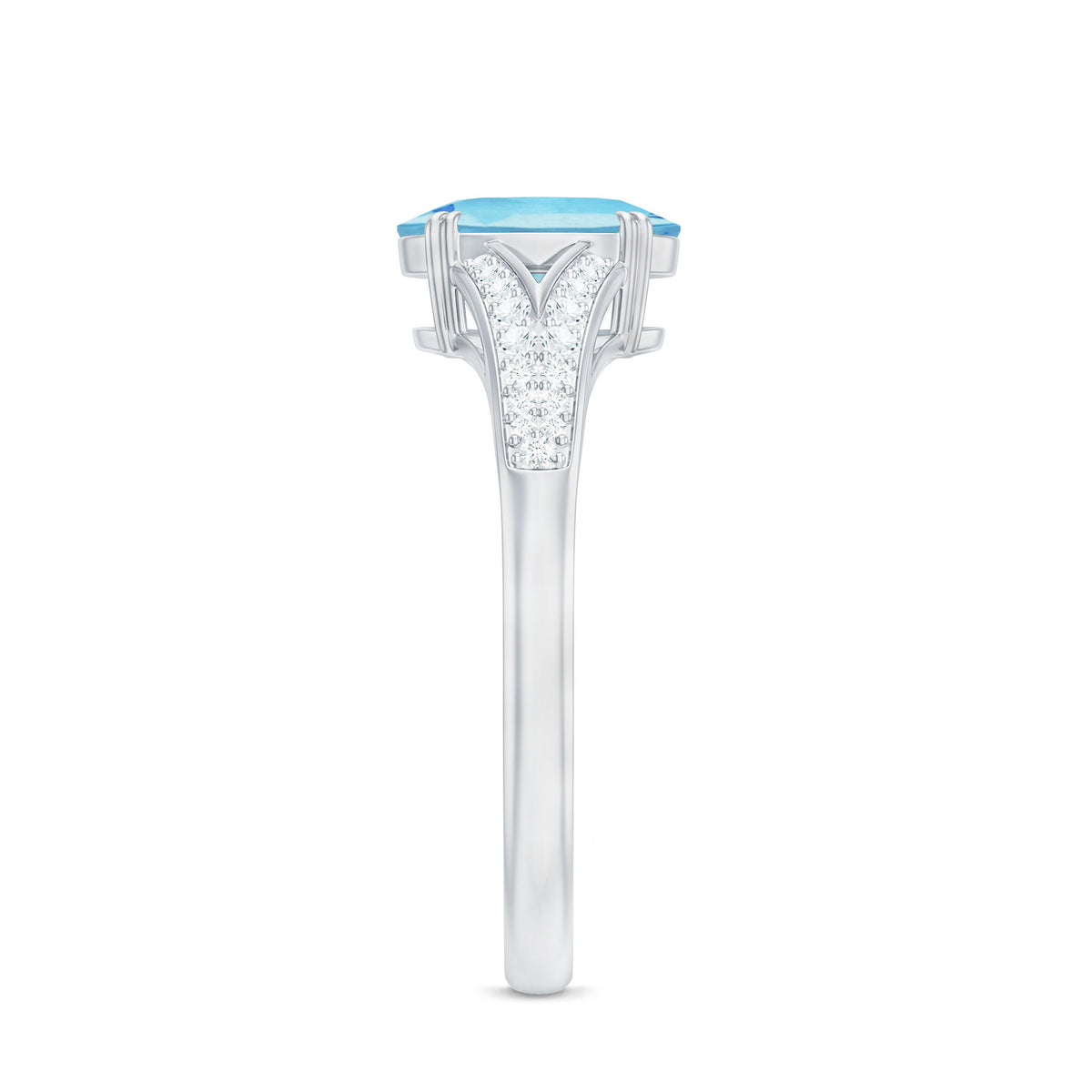 Genuine 1 Carat oval aquamarine engagement ring with diamond split shank from Rosec Jewels, showcasing the sparkling gemstone and elegant design.