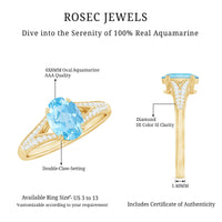 Genuine 1 carat oval aquamarine engagement ring with diamond split shank by Rosec Jewels, featuring a sparkling center stone and elegant band.