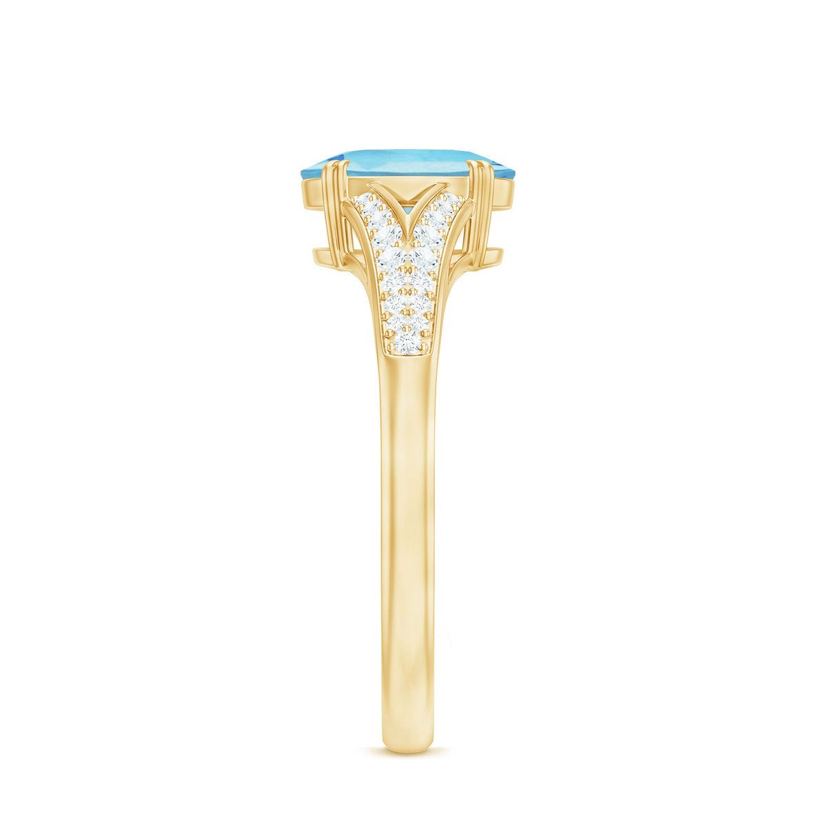 Genuine 1 Carat oval aquamarine engagement ring with diamond split shank by Rosec Jewels, featuring a sparkling central gemstone.