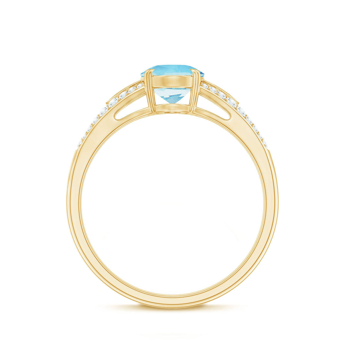 Genuine 1 Carat Oval Aquamarine engagement ring with diamond split shank by Rosec Jewels, featuring a vibrant blue gemstone and sparkling diamonds.