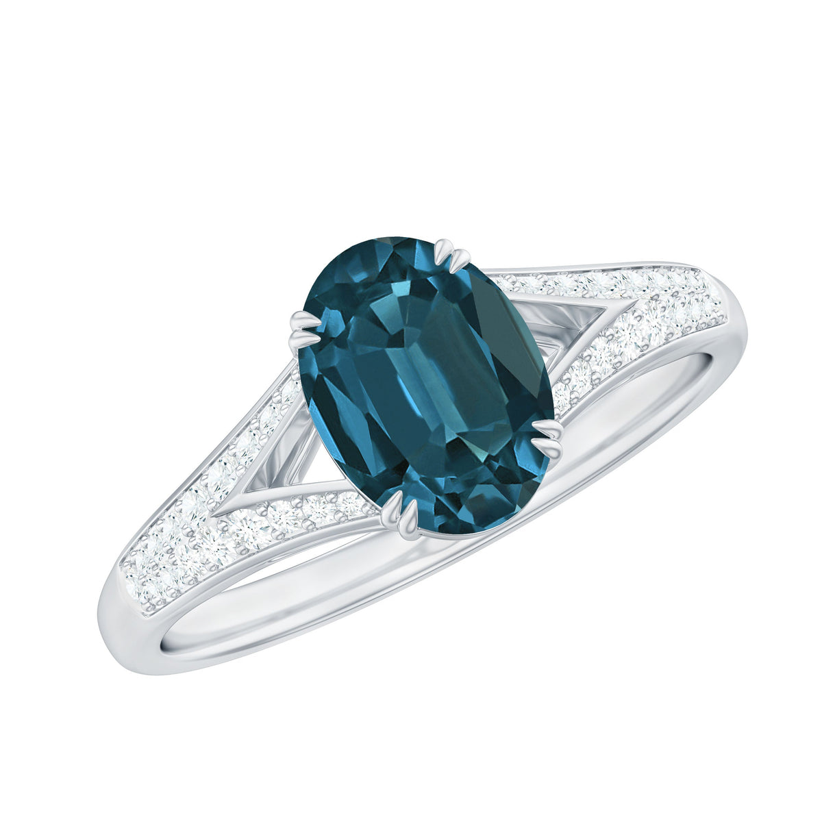 6x8mm Oval Cut London Blue Topaz Solitaire Engagement Ring with Diamond Split Shank