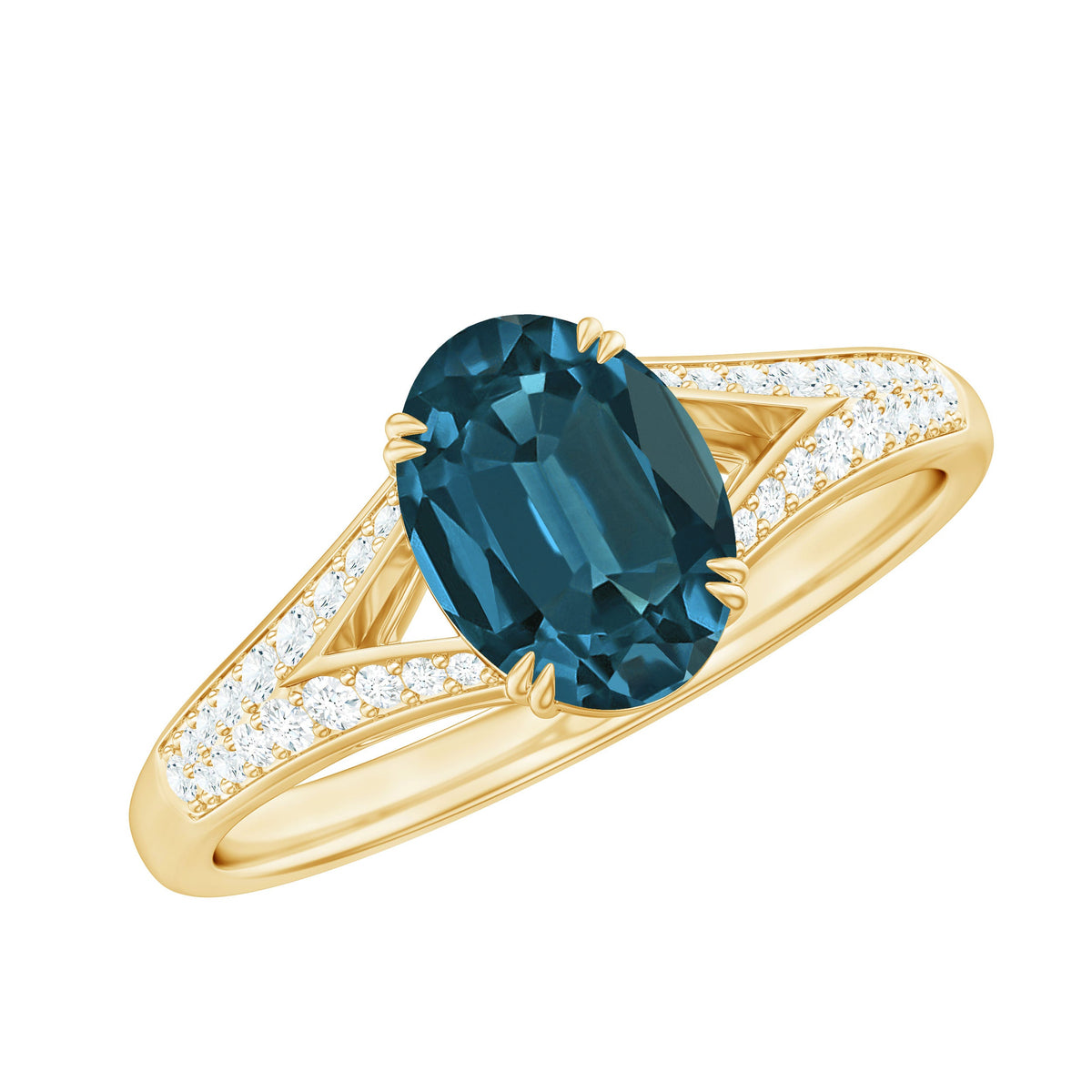 6x8mm Oval Cut London Blue Topaz Solitaire Engagement Ring with Diamond Split Shank