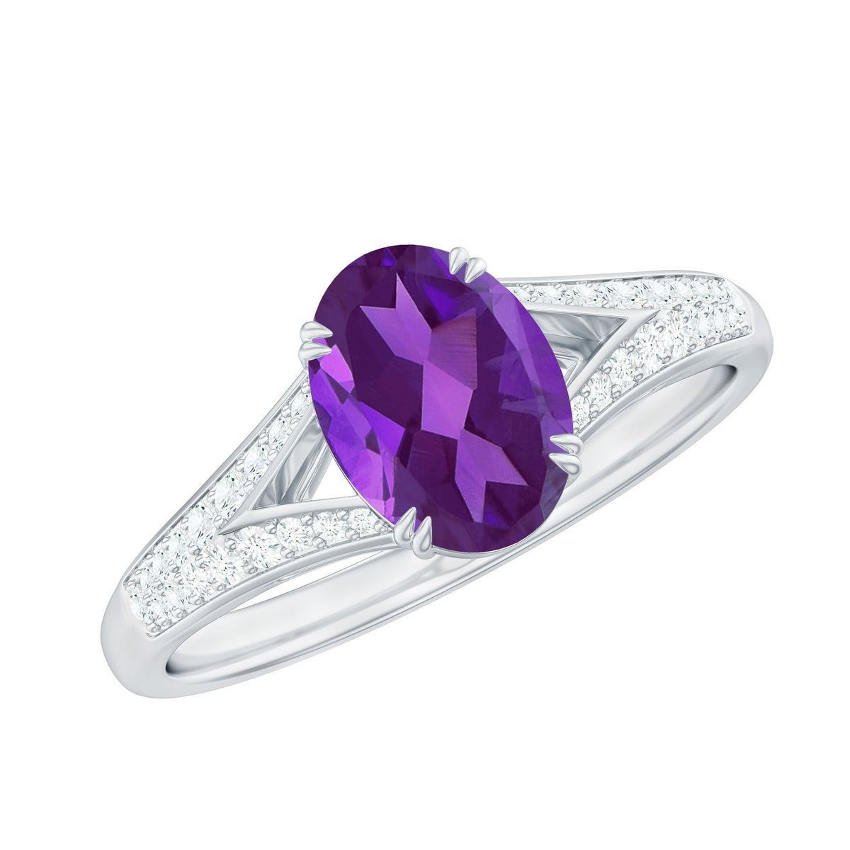 Rosec Jewels 1.25 CT split shank oval amethyst solitaire engagement ring with diamond accents, showcasing elegant jewelry design.