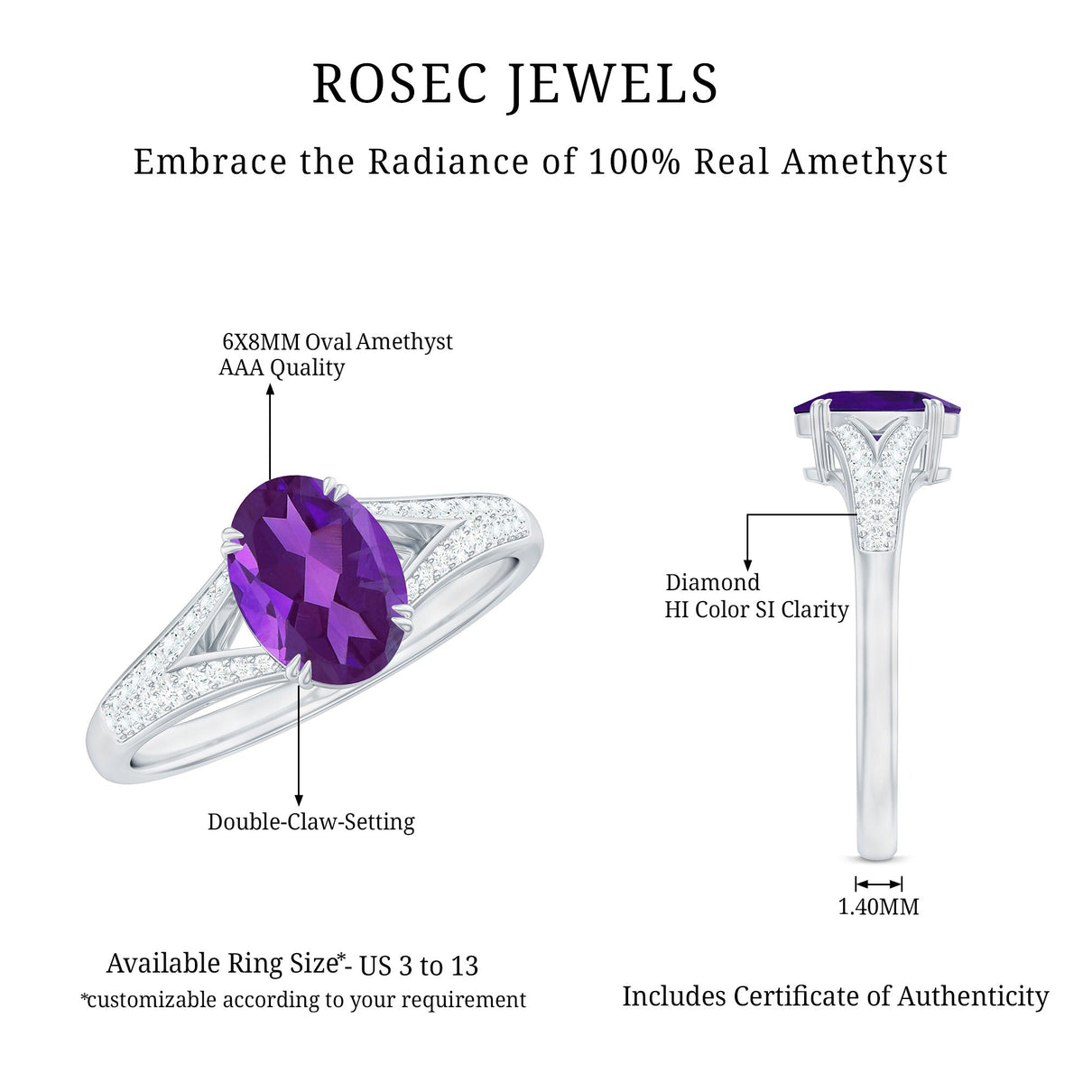 Rosec Jewels 1.25 CT oval amethyst solitaire engagement ring with split shank and diamond accents, showcasing elegant jewelry design.