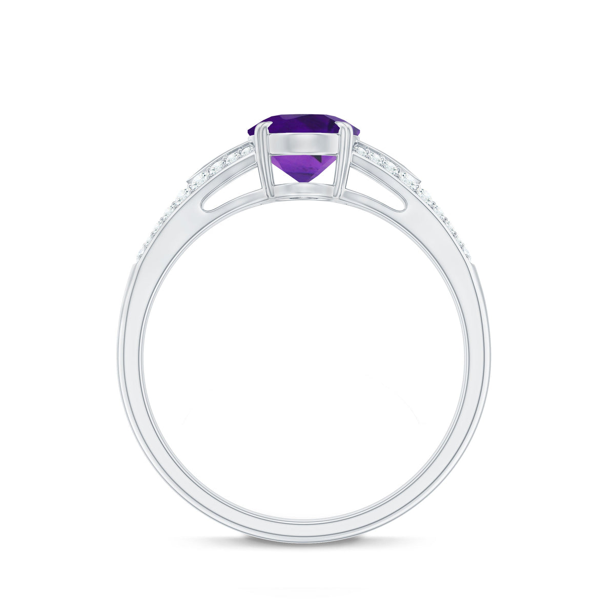 Oval amethyst solitaire engagement ring with 1.25 carat split shank and diamond accents by Rosec Jewels.