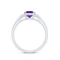 Oval amethyst solitaire engagement ring with 1.25 carat split shank and diamond accents by Rosec Jewels.