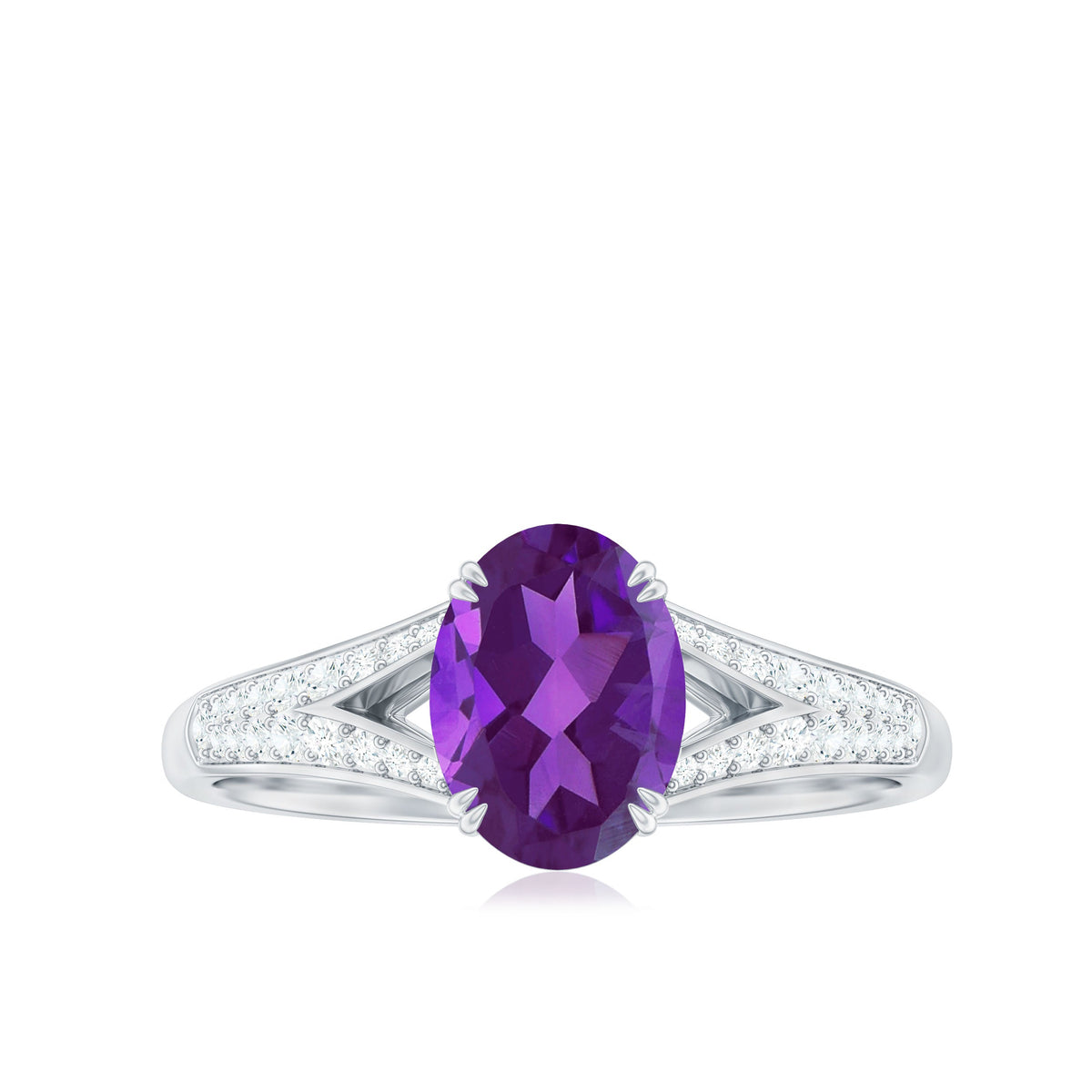 Oval amethyst solitaire engagement ring with 1.25 carat split shank and diamond accents by Rosec Jewels