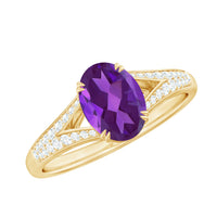 Rosec Jewels 1.25 CT oval amethyst solitaire engagement ring with split shank design and diamond accents on a silver band.