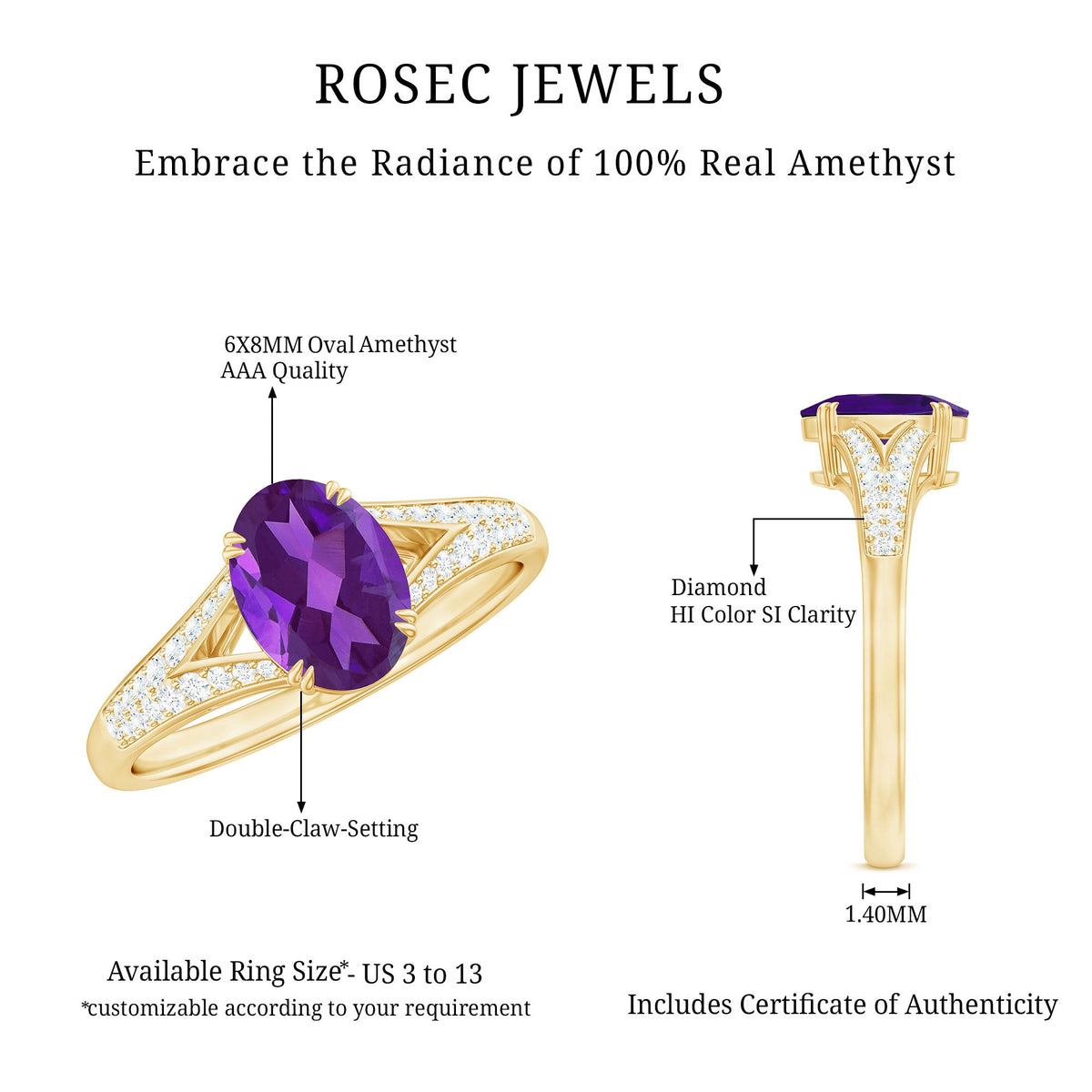 Oval amethyst solitaire engagement ring with split shank design and diamond accents by Rosec Jewels, showcasing the elegant gemstone setting.