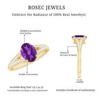 Oval amethyst solitaire engagement ring with split shank design and diamond accents by Rosec Jewels, showcasing the elegant gemstone setting.
