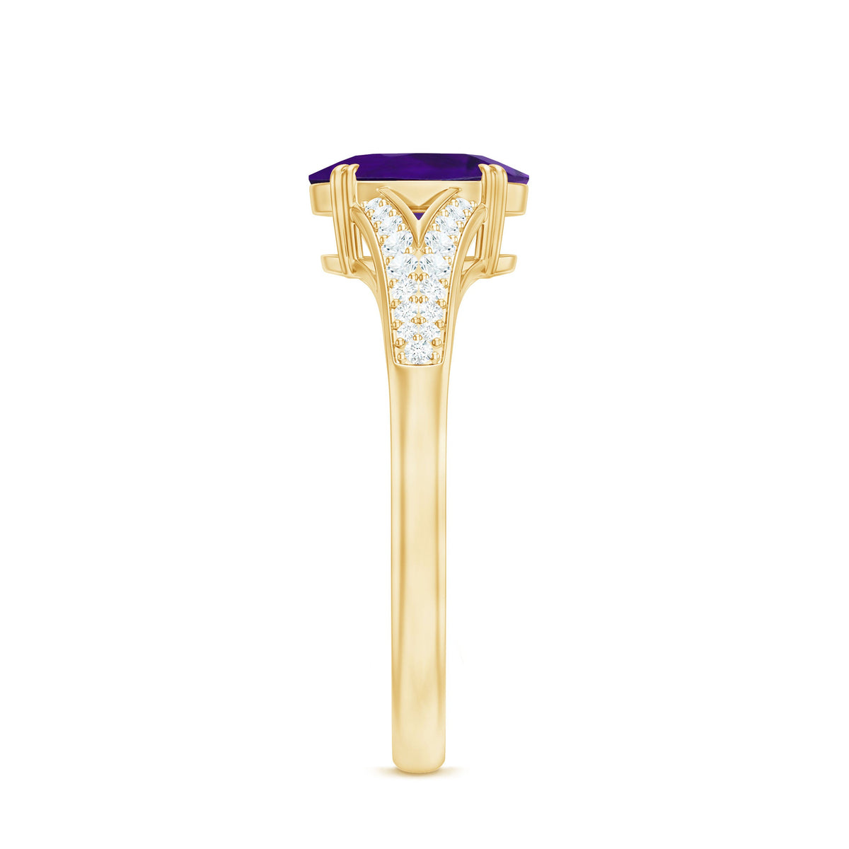 Oval amethyst solitaire engagement ring with 1.25 carats and diamond accents in a split shank design by Rosec Jewels.