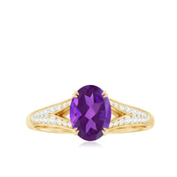 Oval amethyst solitaire engagement ring with 1.25 carats, split shank design, accented with small diamonds, by Rosec Jewels.