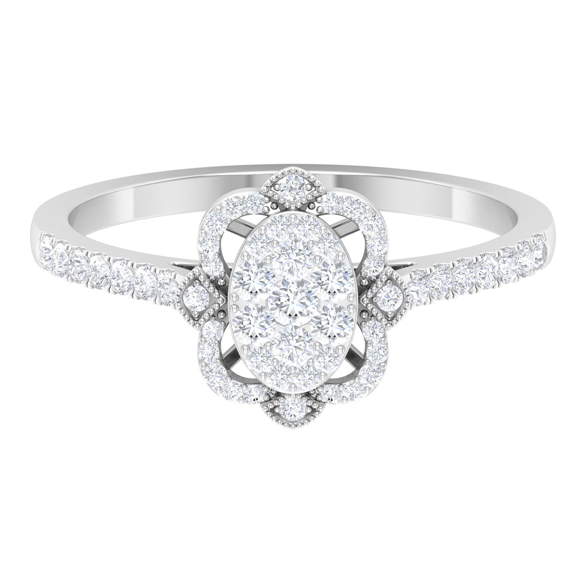 Rosec Jewels 3/4 CT diamond solitaire illusion art deco ring showcasing a sparkling central diamond with intricate metalwork.