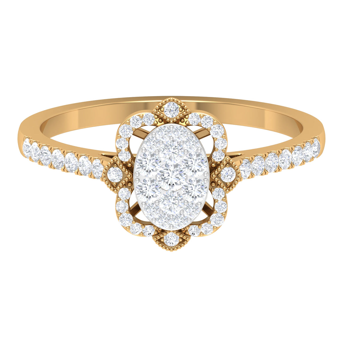 Rosec Jewels 3/4 CT diamond solitaire illusion art deco ring with a sleek band and intricate design, showcasing a sparkling central diamond.