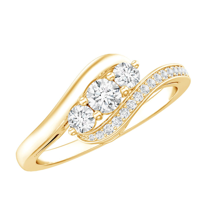 Rosec Jewels certified moissanite three stone engagement ring with bypass shank, showcasing sparkling gemstones and elegant design.