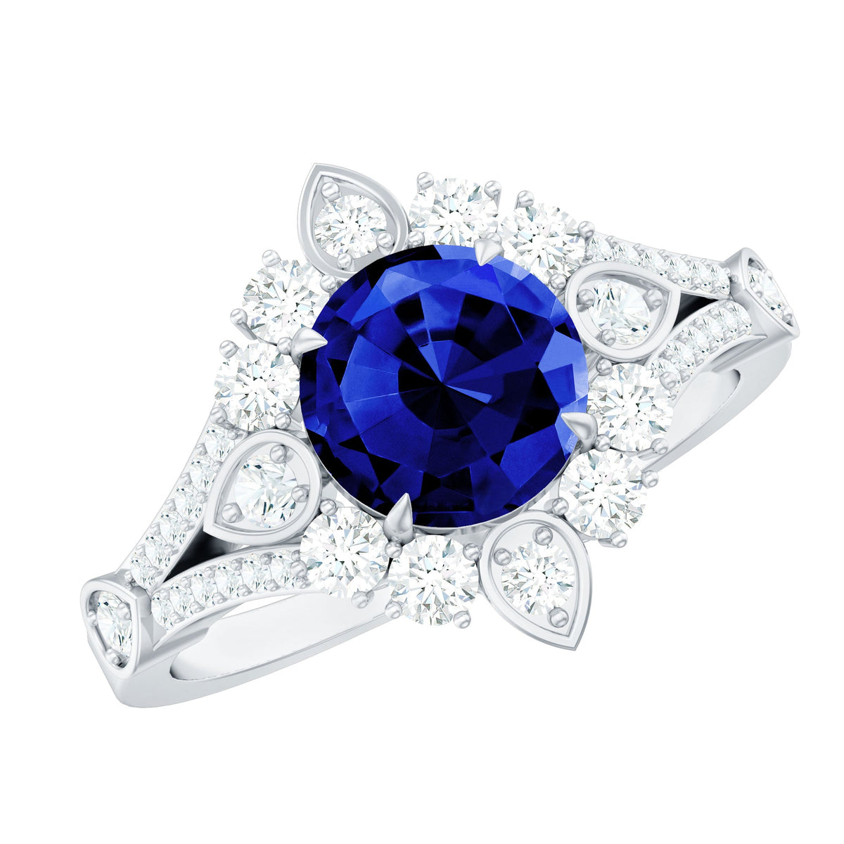 Certified 2.7 carat lab-grown blue sapphire flower engagement ring with diamonds, featuring intricate floral design by Rosec Jewels.