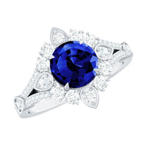 Certified 2.7 carat lab-grown blue sapphire flower engagement ring with diamonds, featuring intricate floral design by Rosec Jewels.