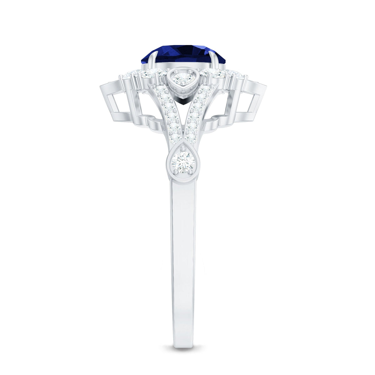 Lab grown blue sapphire flower engagement ring with diamonds by Rosec Jewels, showcasing intricate floral design and sparkling gemstones.