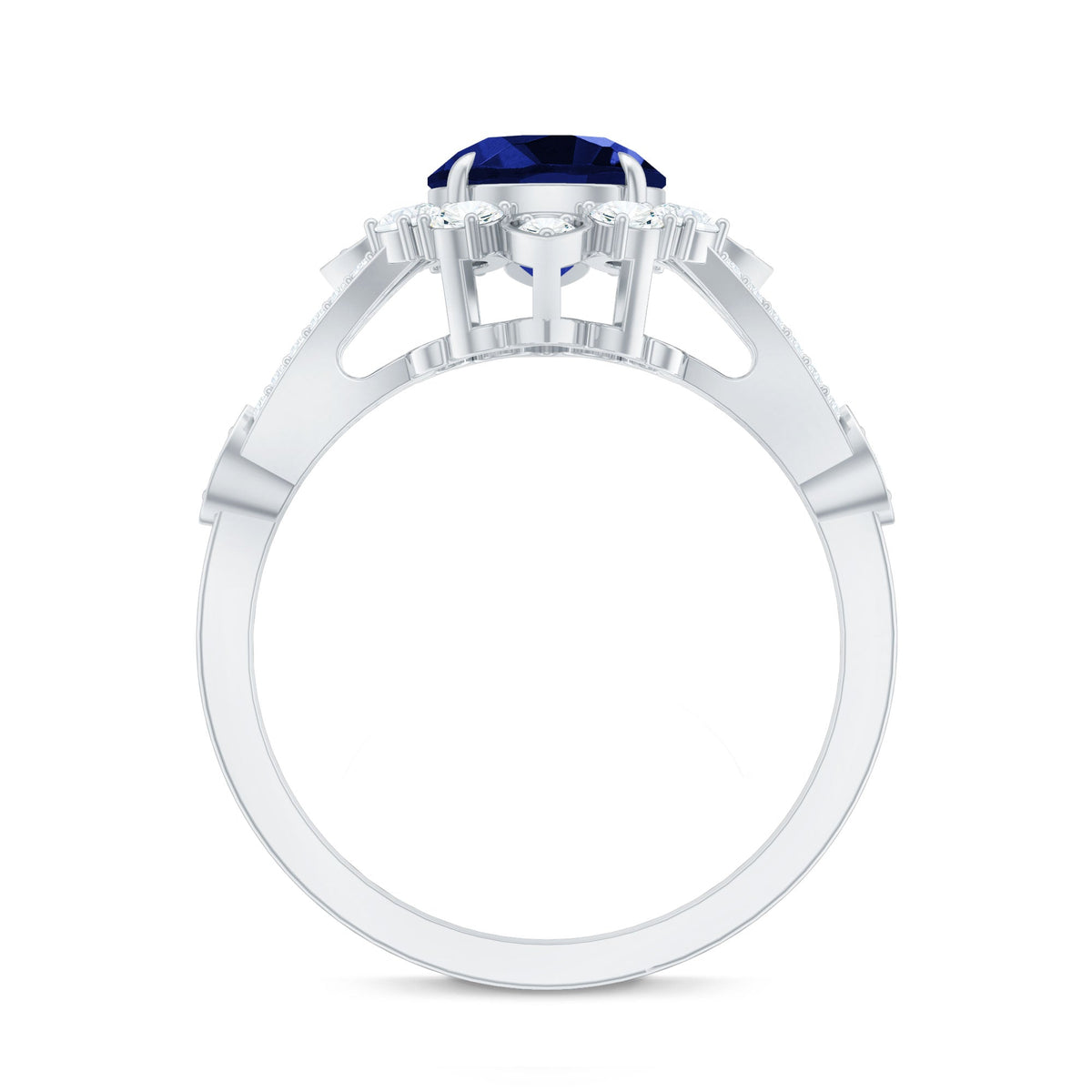Rosec Jewels blue sapphire flower engagement ring featuring a 2.7 carat lab-grown sapphire and diamond accents.