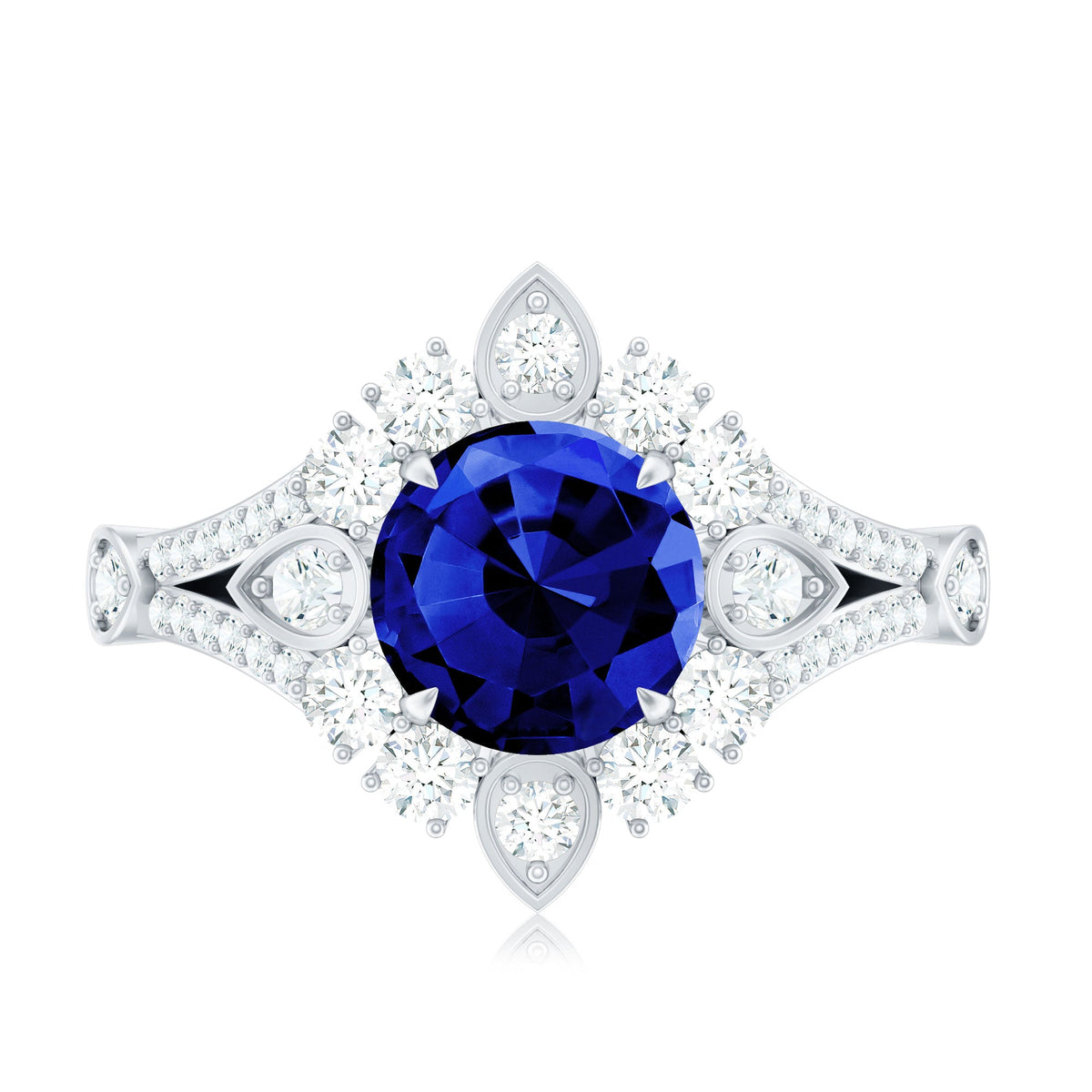 Rosec Jewels 2.7 carat lab-grown blue sapphire flower engagement ring with diamond accents, showcasing intricate floral design.