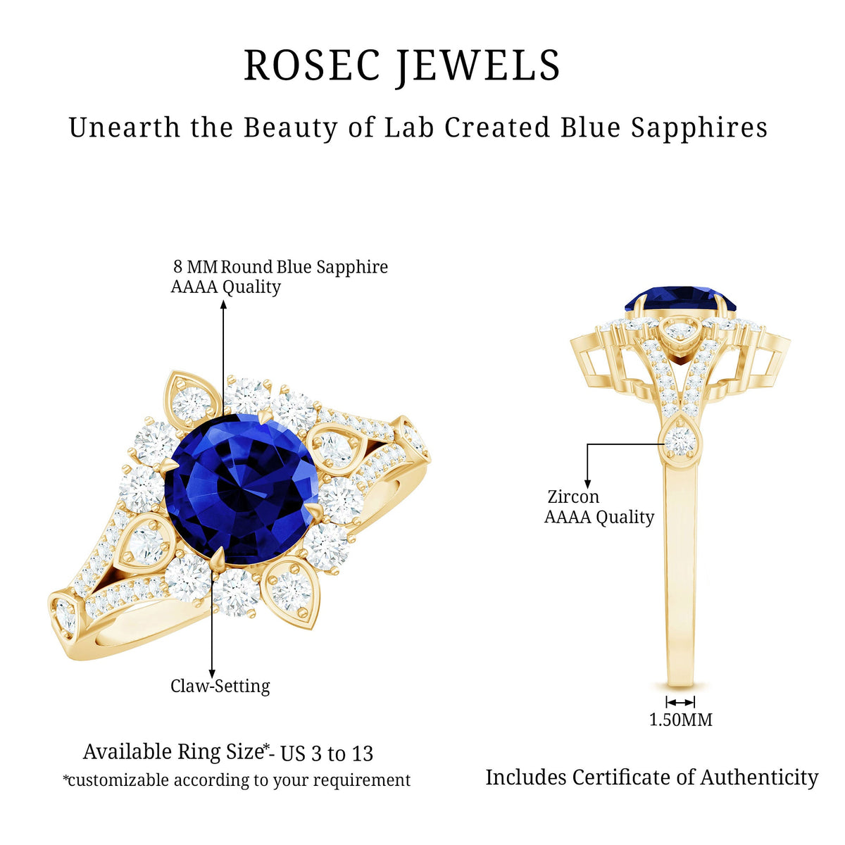 Lab grown blue sapphire flower engagement ring with diamond accents by Rosec Jewels, featuring a 2.7 carat center stone.