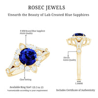 Lab grown blue sapphire flower engagement ring with diamond accents by Rosec Jewels, featuring a 2.7 carat center stone.