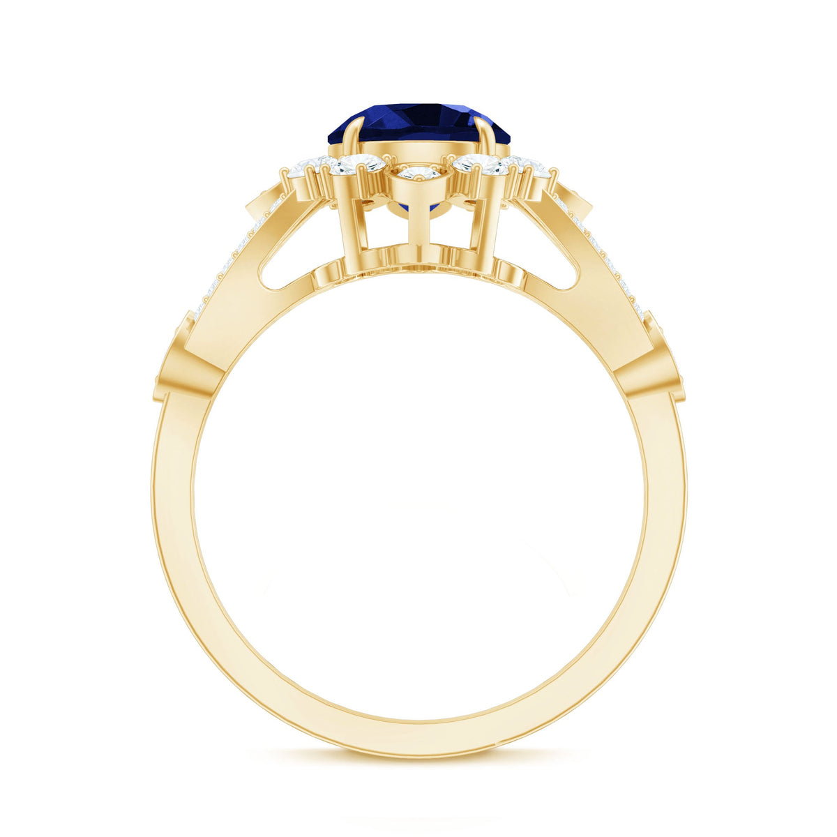 Lab grown 2.7 carat blue sapphire flower engagement ring with diamonds by Rosec Jewels, featuring intricate floral design and sparkling accents.
