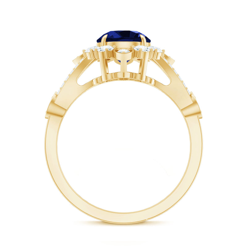 Lab grown 2.7 carat blue sapphire flower engagement ring with diamonds by Rosec Jewels, featuring intricate floral design and sparkling accents.