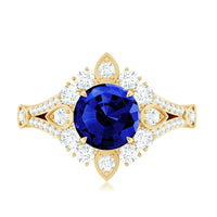 Lab grown blue sapphire flower engagement ring with diamonds, showcased in a Rosec Jewels ring photo.