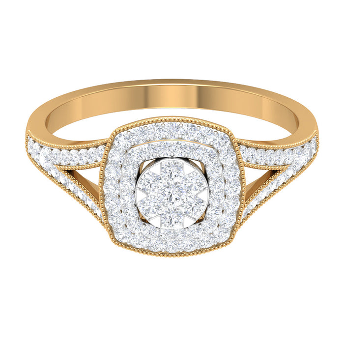Vintage-looking diamond engagement ring with split shank by Rosec Jewels, featuring intricate detailing and sparkling diamonds.