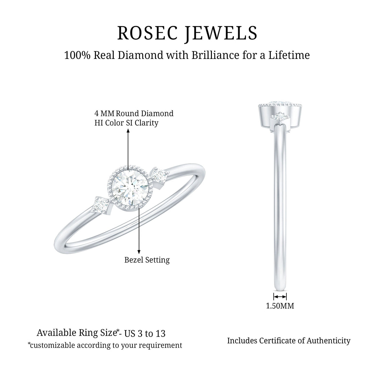 Minimal diamond promise ring in bezel setting by Rosec Jewels, featuring a sleek design with a sparkling central diamond.