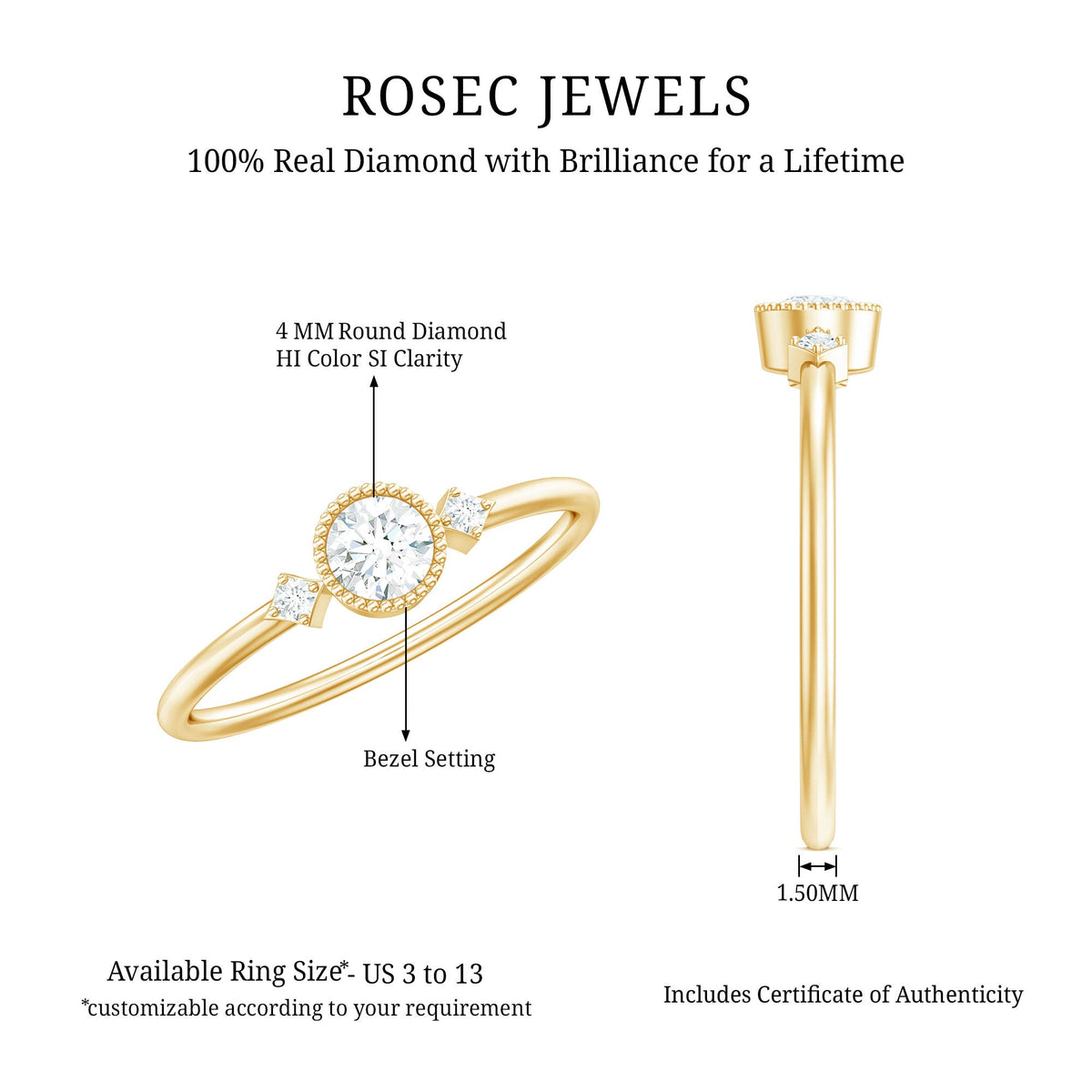 Minimal diamond promise ring in bezel setting by Rosec Jewels, featuring a sleek design with a sparkling diamond centerpiece.
